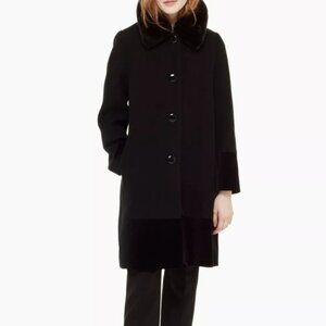 Kate Spade Faux Fur Collar Velvet Trim Black Wool Blend Coat 14